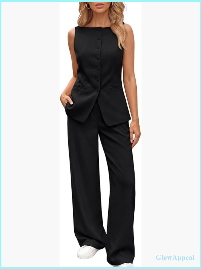 2 Piece Sleeveless Blazer Wide Leg Pant Suit Set Summer Business Casual Outfits